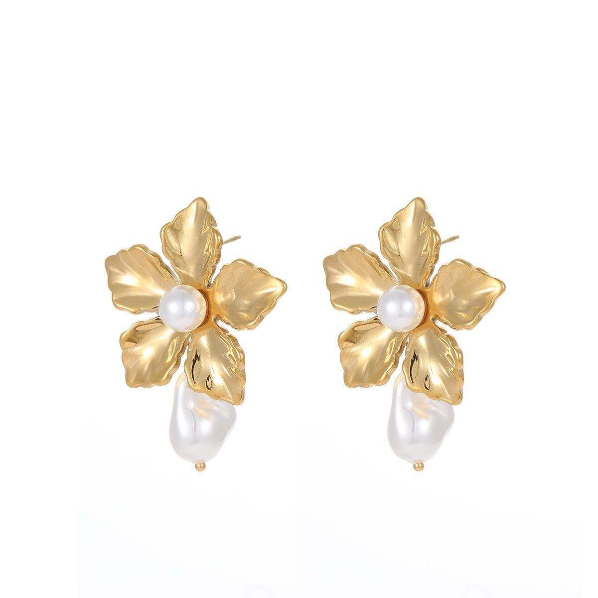 Retro Baroque Pearl Flower Stainless Steel 18K Gold Earrings Advanced