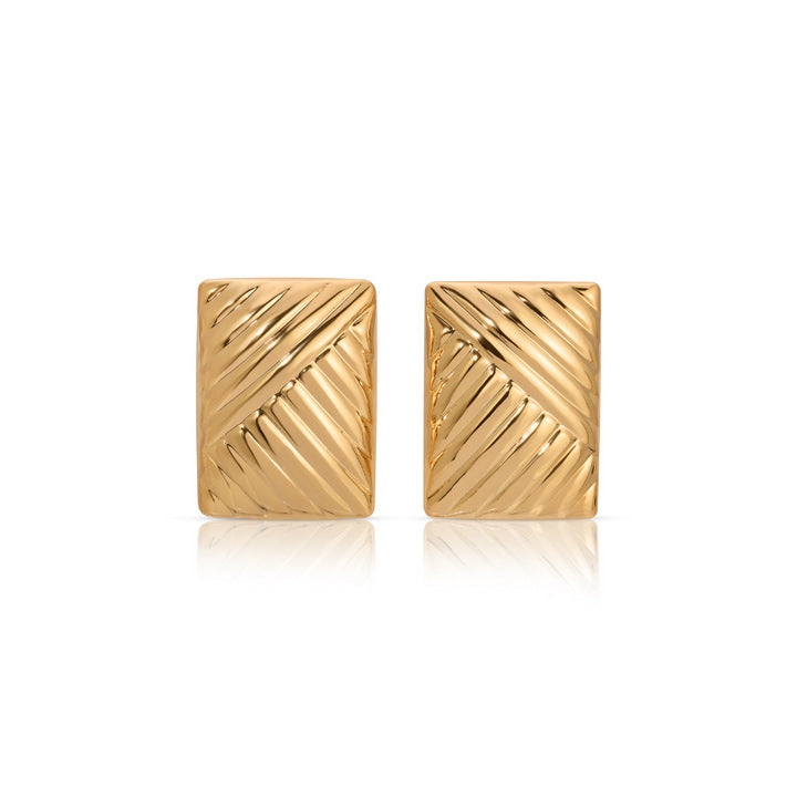 European And American Stainless Steel 18K Gold Rectangular Twill Symmetrical Eye-catching Large Studs Retro