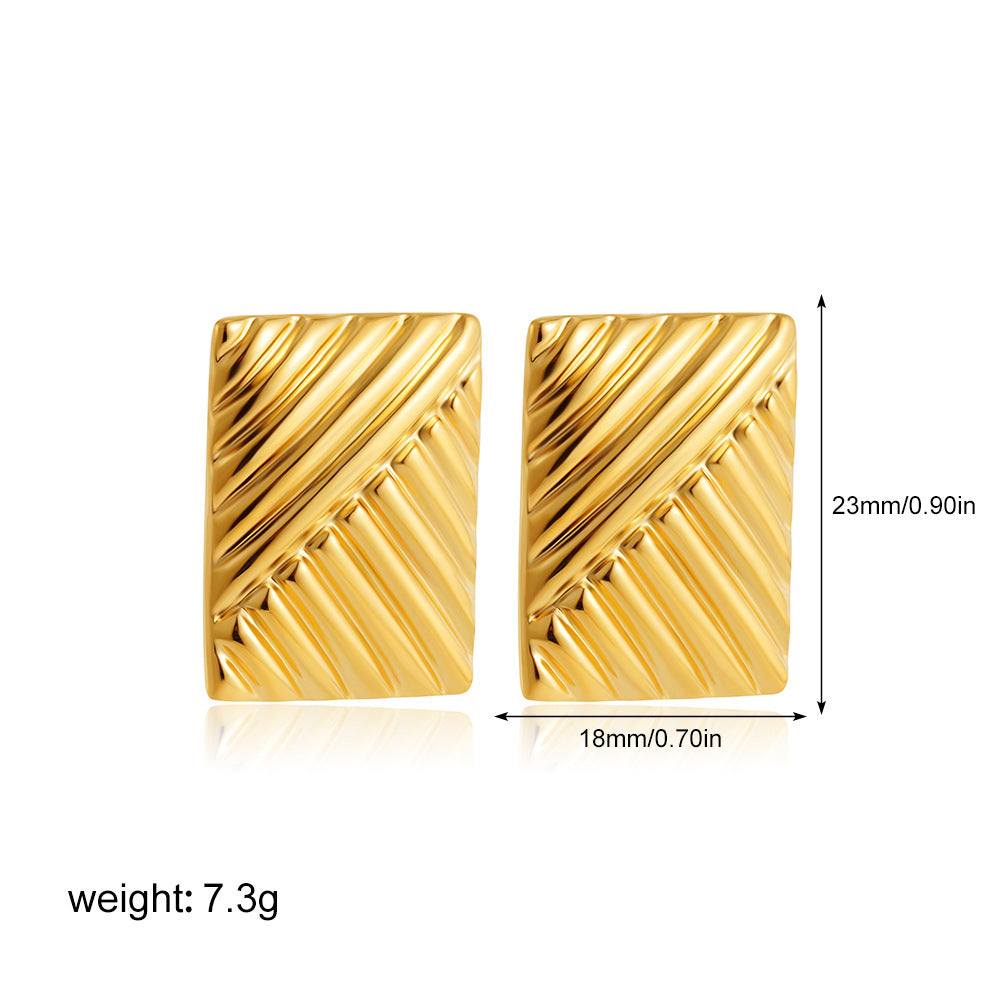 European And American Stainless Steel 18K Gold Rectangular Twill Symmetrical Eye-catching Large Studs Retro